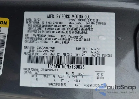 2022 Ford Mustang Ecoboost из США, поврежденный, VIN 1FA6P8TH0N5130026